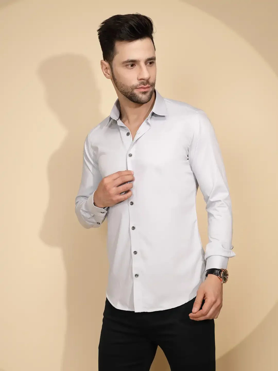 Grey Cotton Blend Regular Fit Shirt - Global Republic