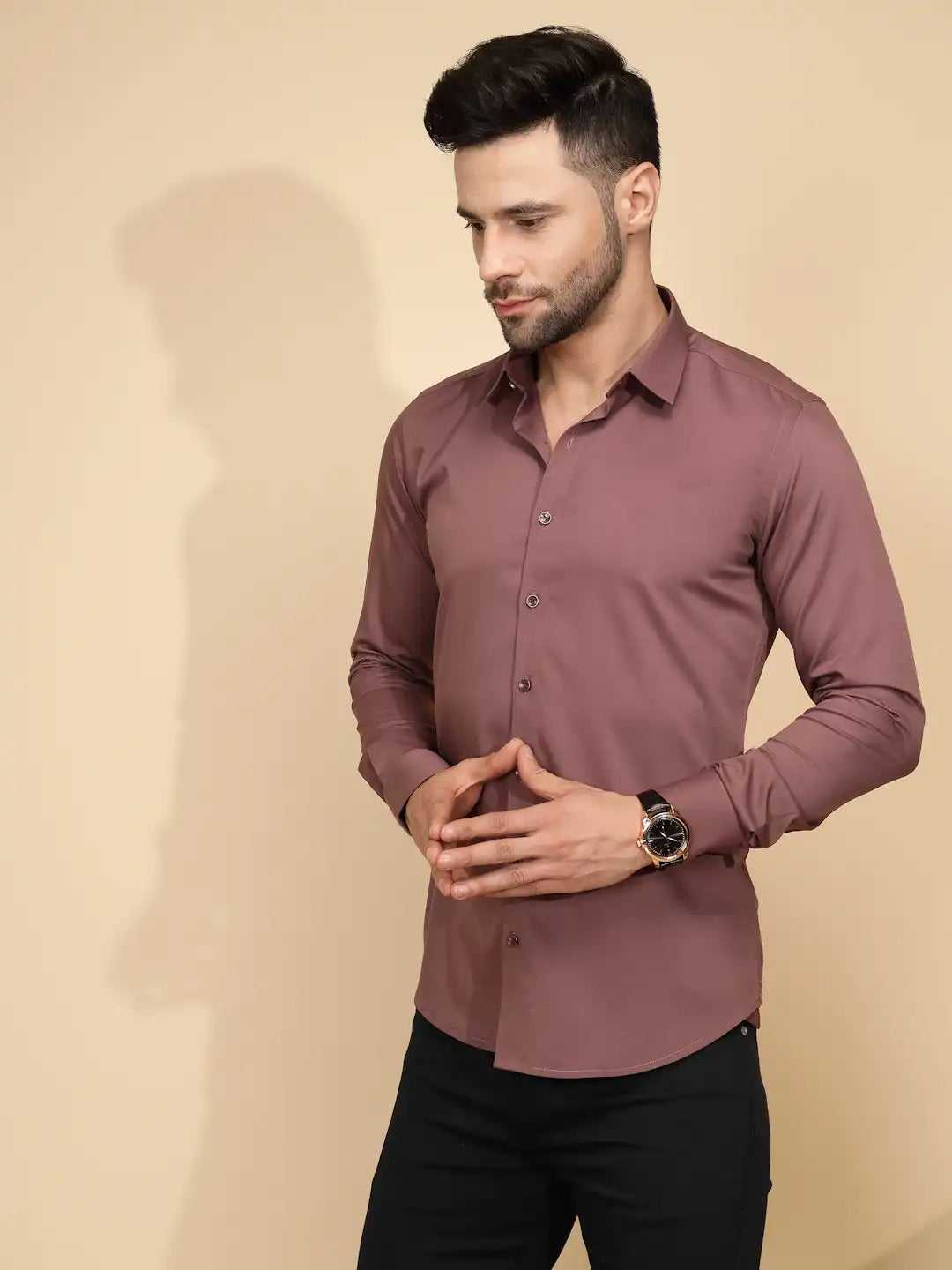 Purple Cotton Blend Regular Fit Shirt For Men