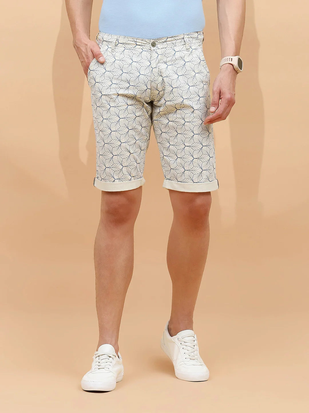 Ecru Cotton Blend Regular Fit Shorts For Men - Global Republic