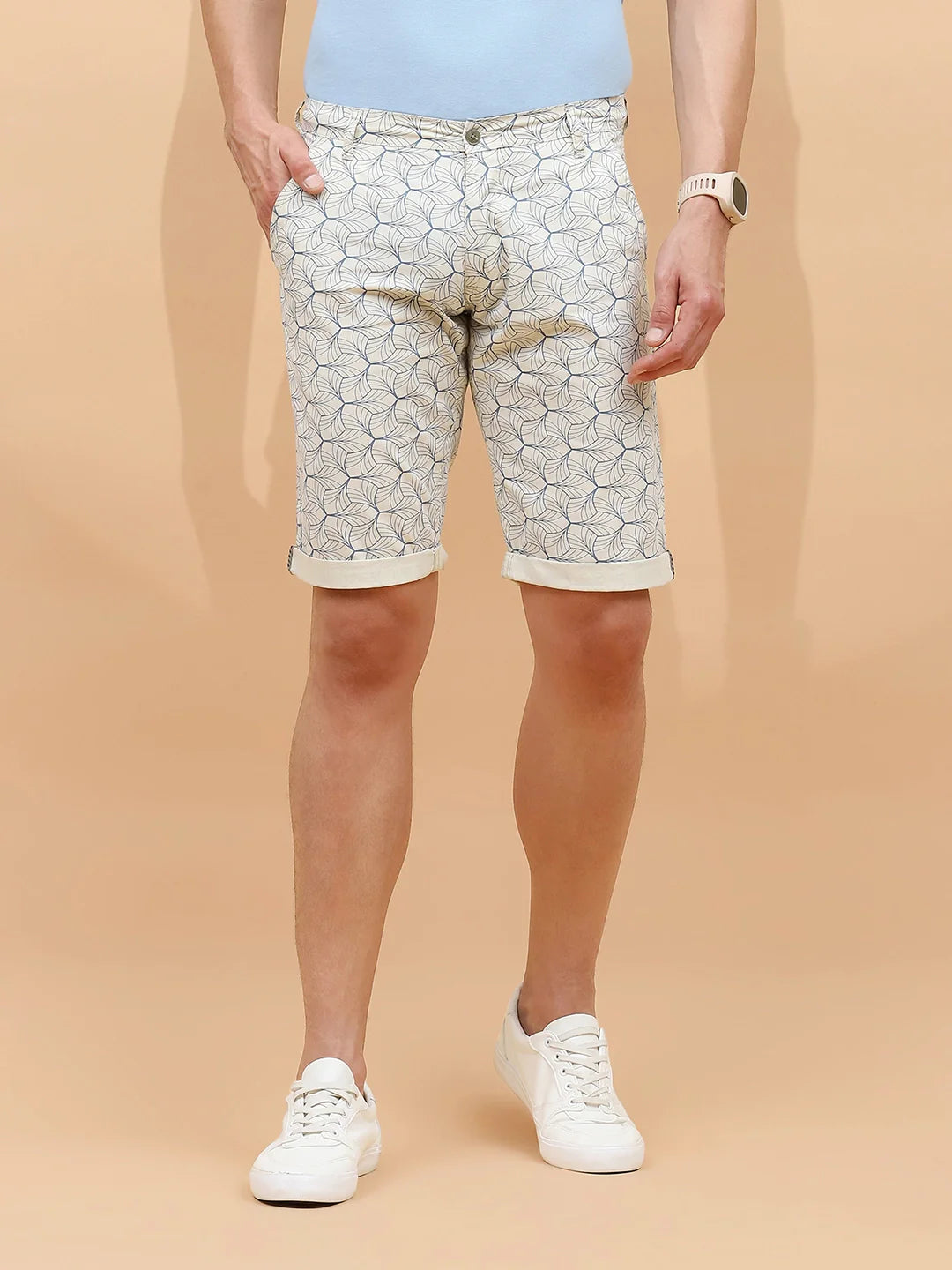 Ecru Cotton Blend Regular Fit Shorts For Men