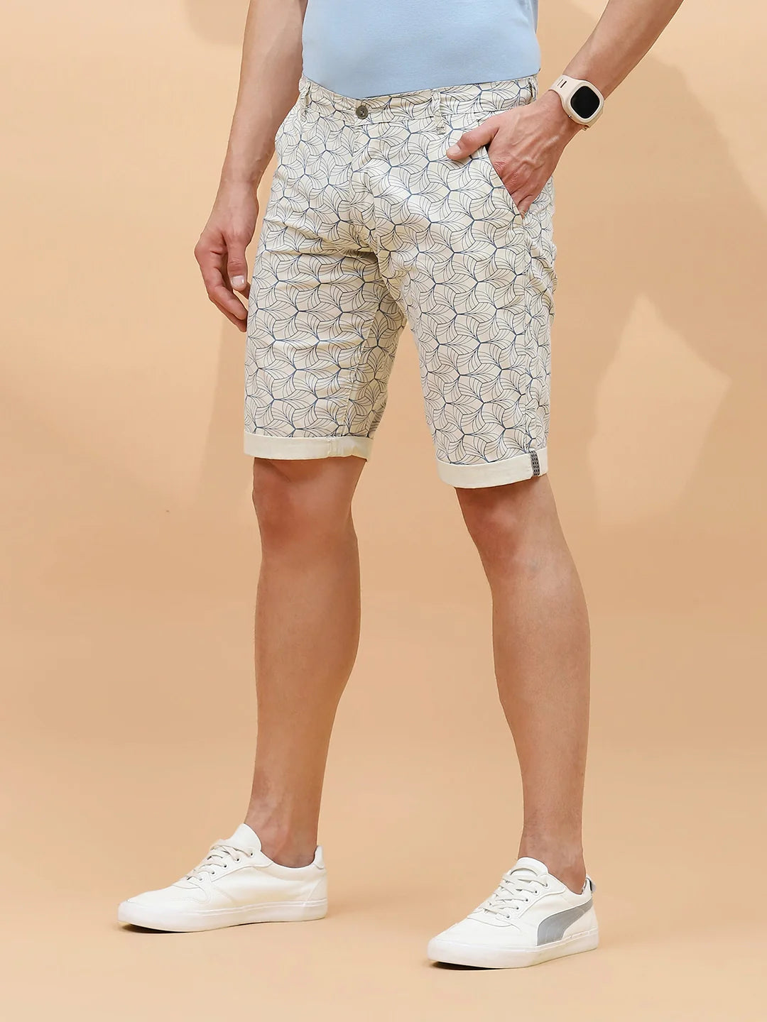 Ecru Cotton Blend Regular Fit Shorts For Men - Global Republic
