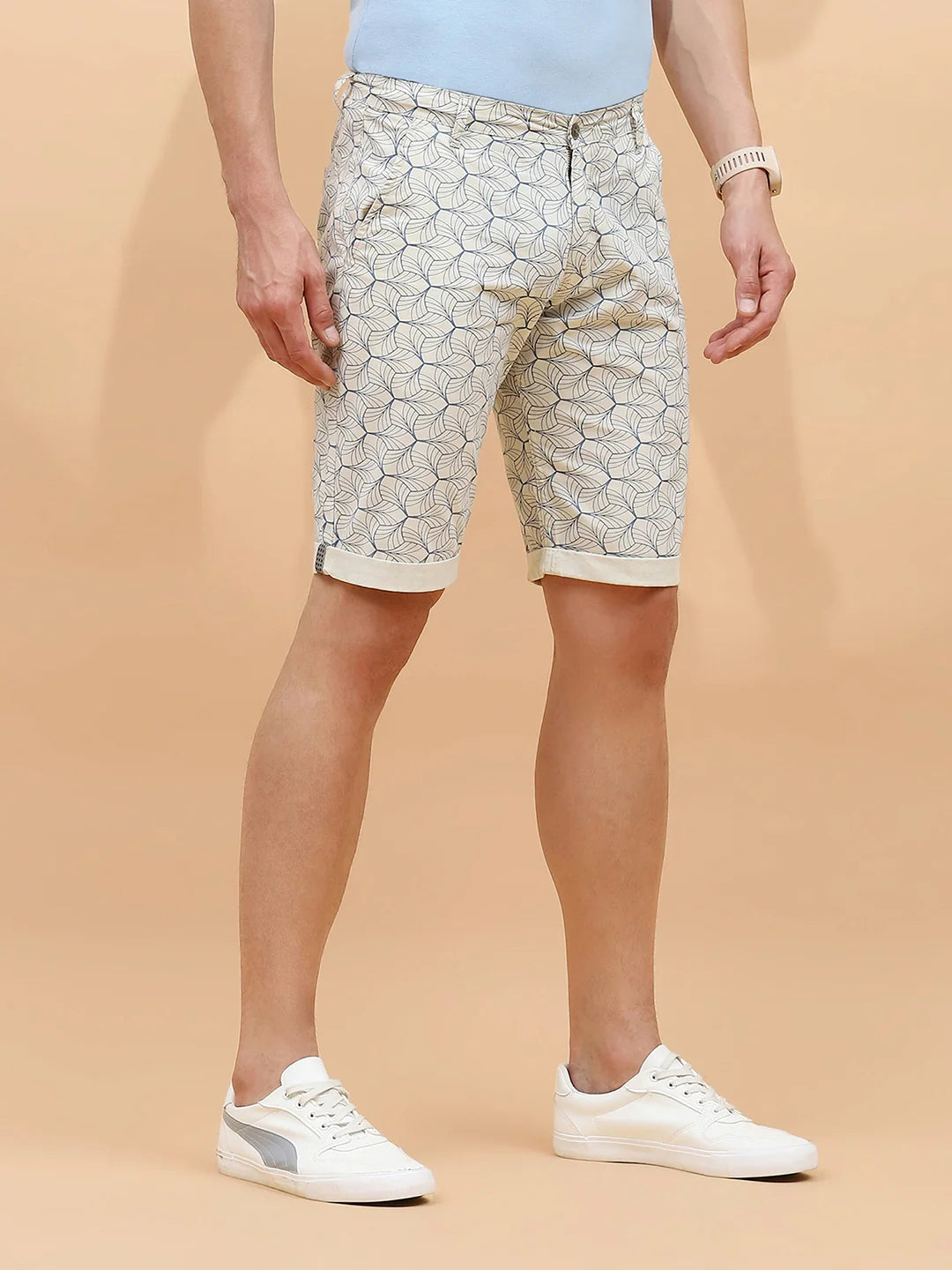 Ecru Cotton Blend Regular Fit Shorts For Men - Global Republic