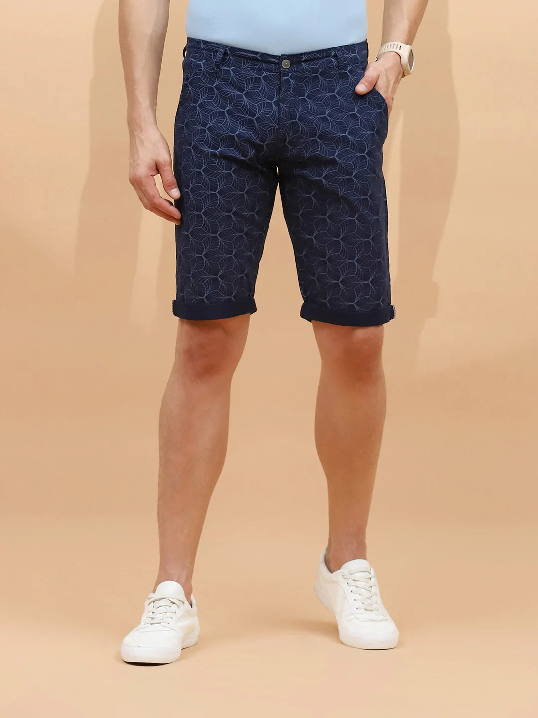 Navy Print Cotton Blend Regular Fit Shorts For Men