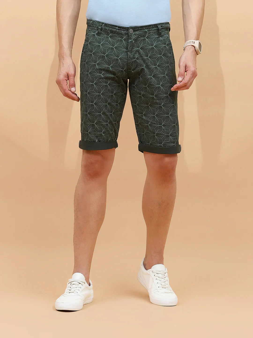 Olive Print Cotton Blend Regular Fit Shorts For Men - Global Republic