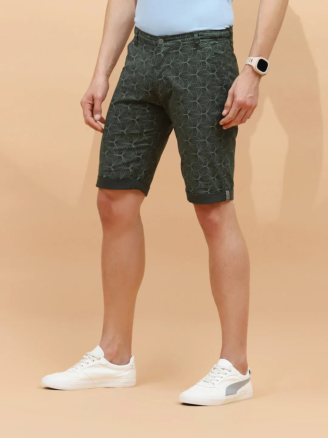 Olive Print Cotton Blend Regular Fit Shorts For Men - Global Republic