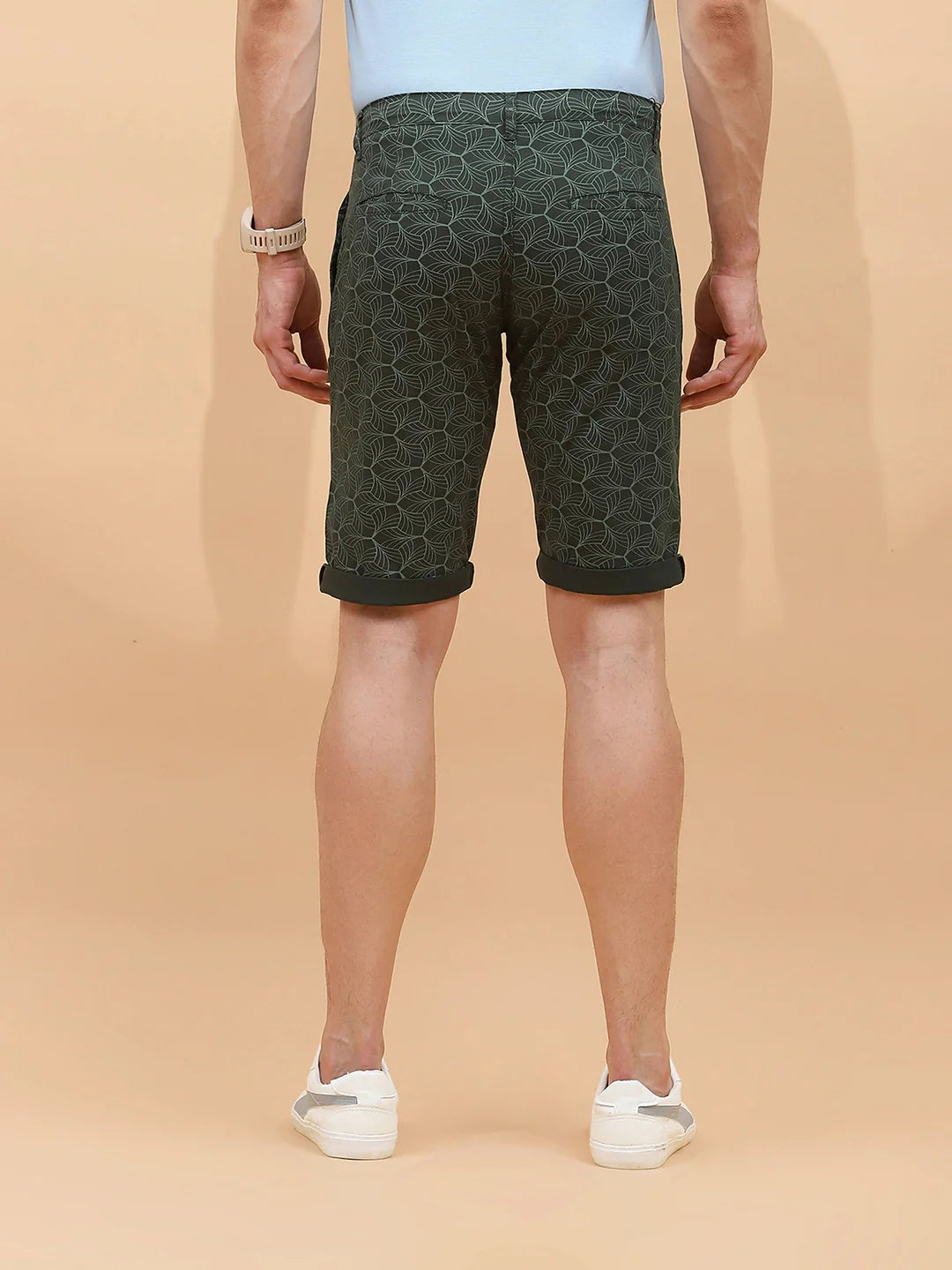 Olive Print Cotton Blend Regular Fit Shorts For Men - Global Republic