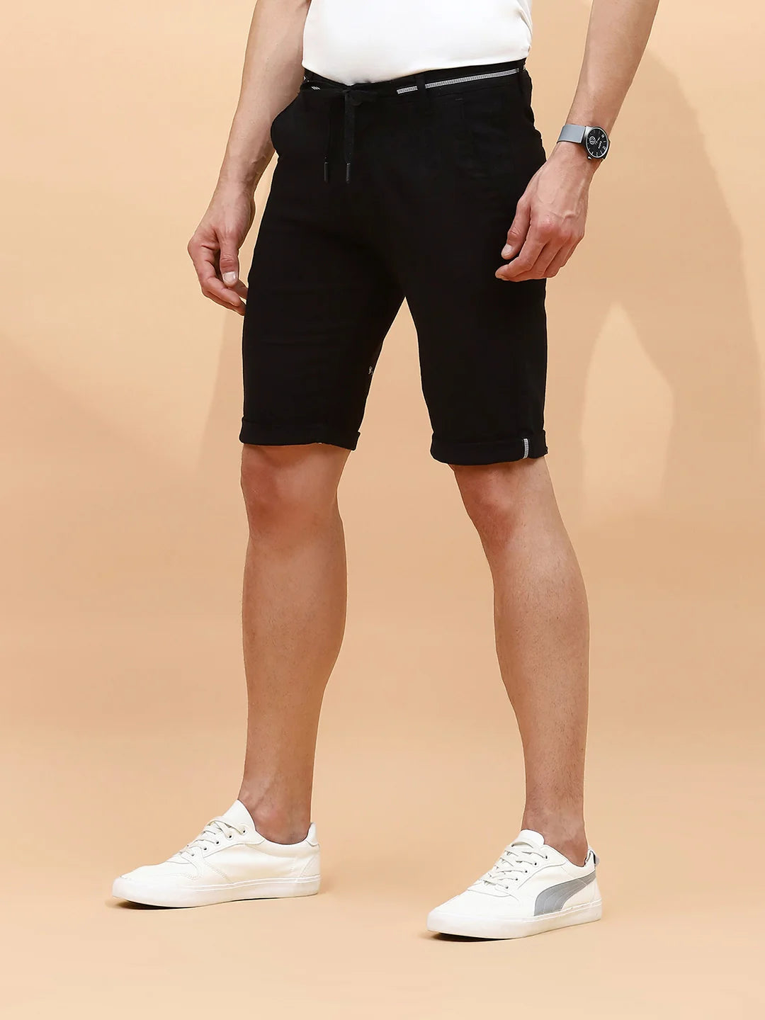 Black Cotton Blend Regular Fit Shorts For Men - Global Republic