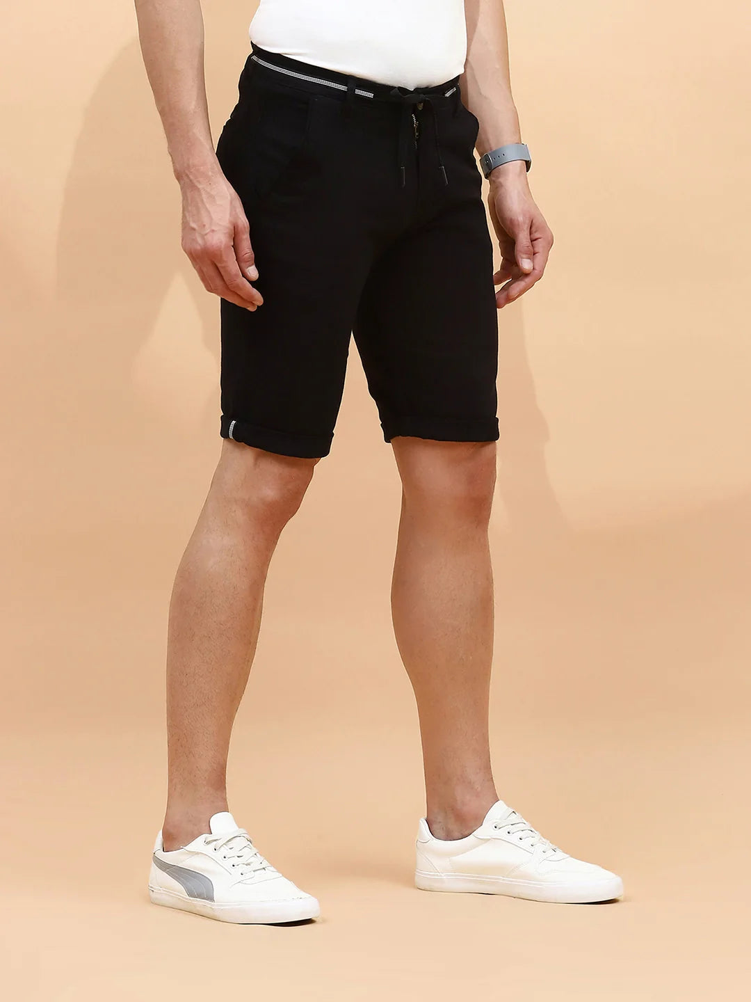 Black Cotton Blend Regular Fit Shorts For Men - Global Republic