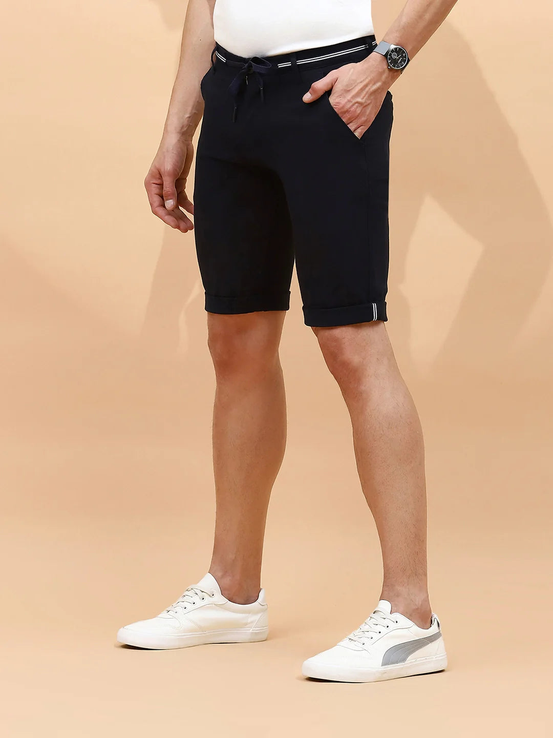 Navy Cotton Blend Regular Fit Shorts For Men - Global Republic