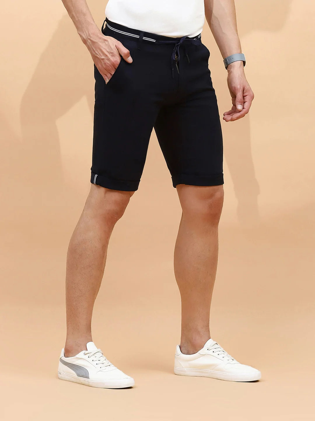 Navy Cotton Blend Regular Fit Shorts For Men - Global Republic