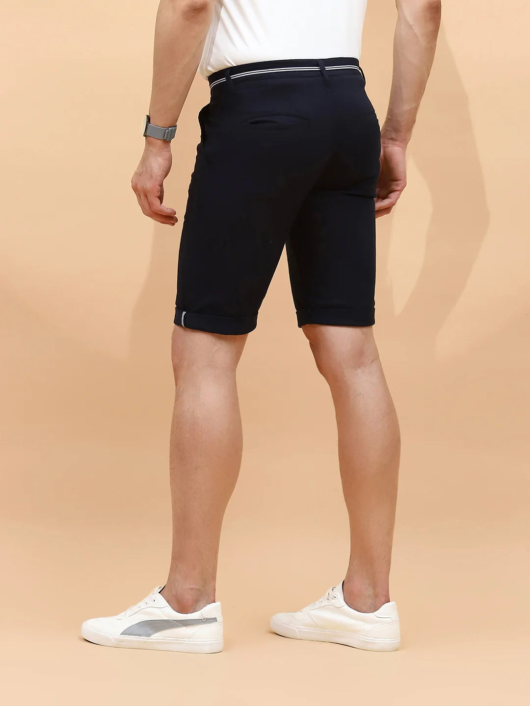 Navy Cotton Blend Regular Fit Shorts For Men - Global Republic