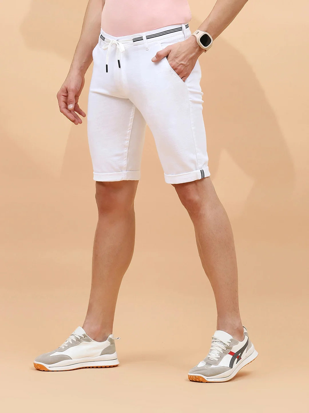 White Cotton Blend Regular Fit Shorts For Men - Global Republic