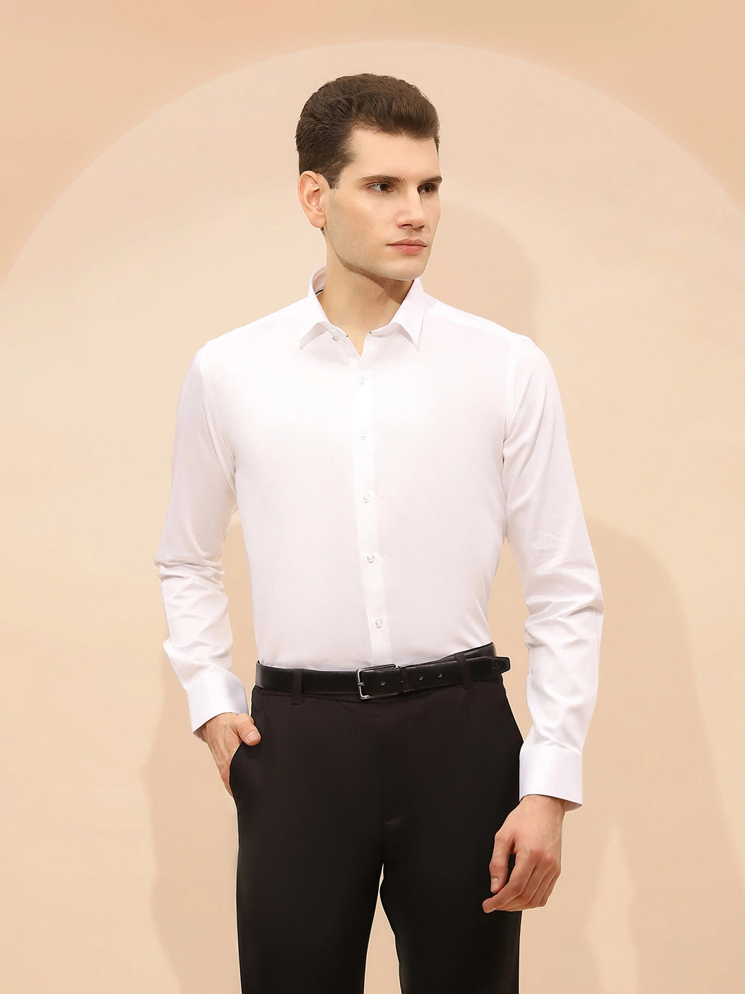 White Cotton Blend Tailored Fit Shirt - Global Republic