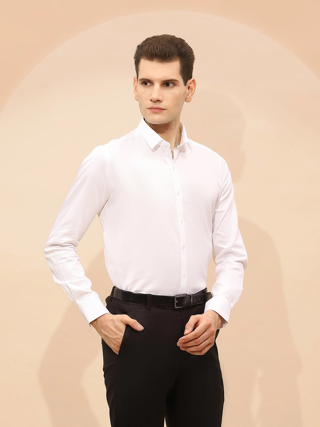 White Cotton Blend Tailored Fit Shirt - Global Republic