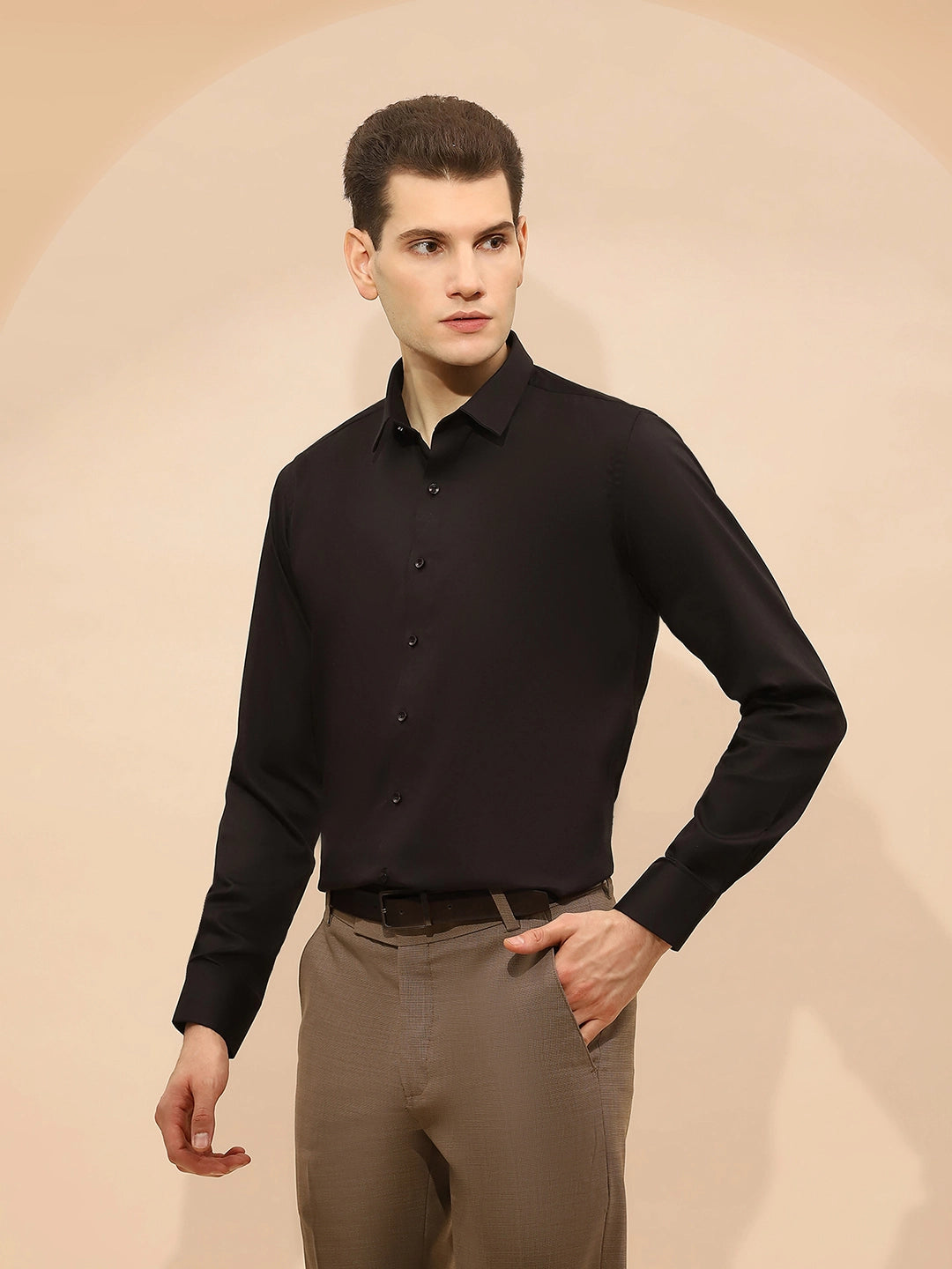 Black Cotton Blend Tailored Fit Shirt - Global Republic