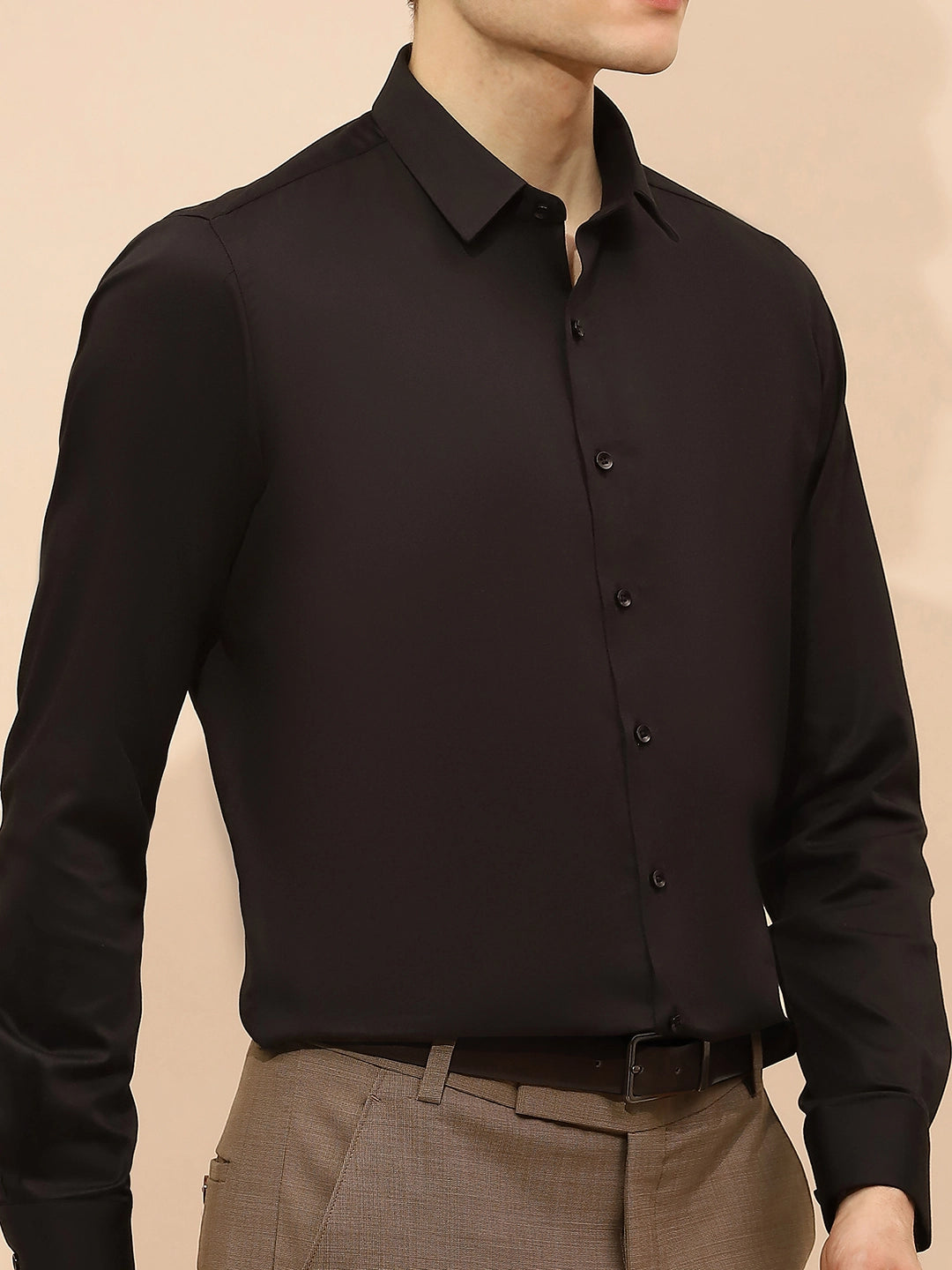 Black Cotton Blend Tailored Fit Shirt - Global Republic