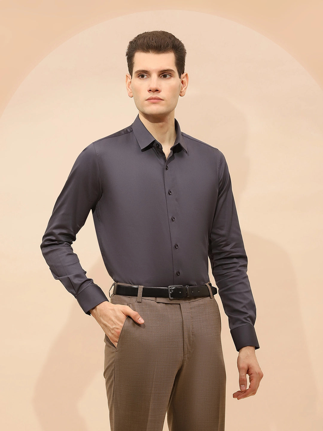 Grey Tailored Fit Cotton Blend Shirt - Global Republic