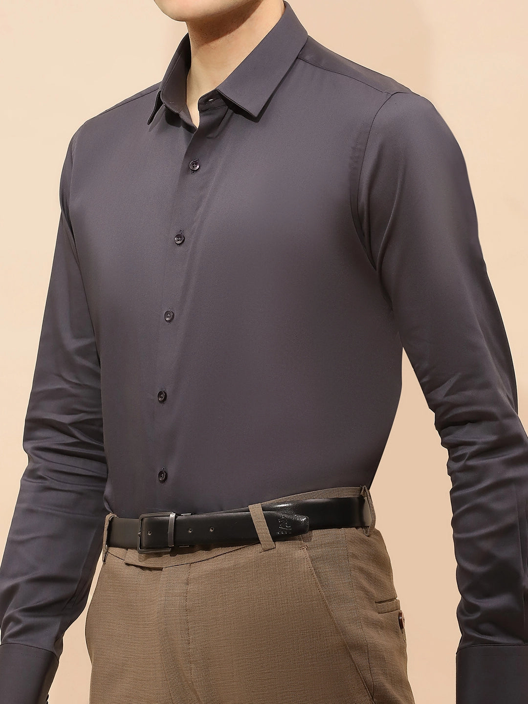 Grey Tailored Fit Cotton Blend Shirt - Global Republic