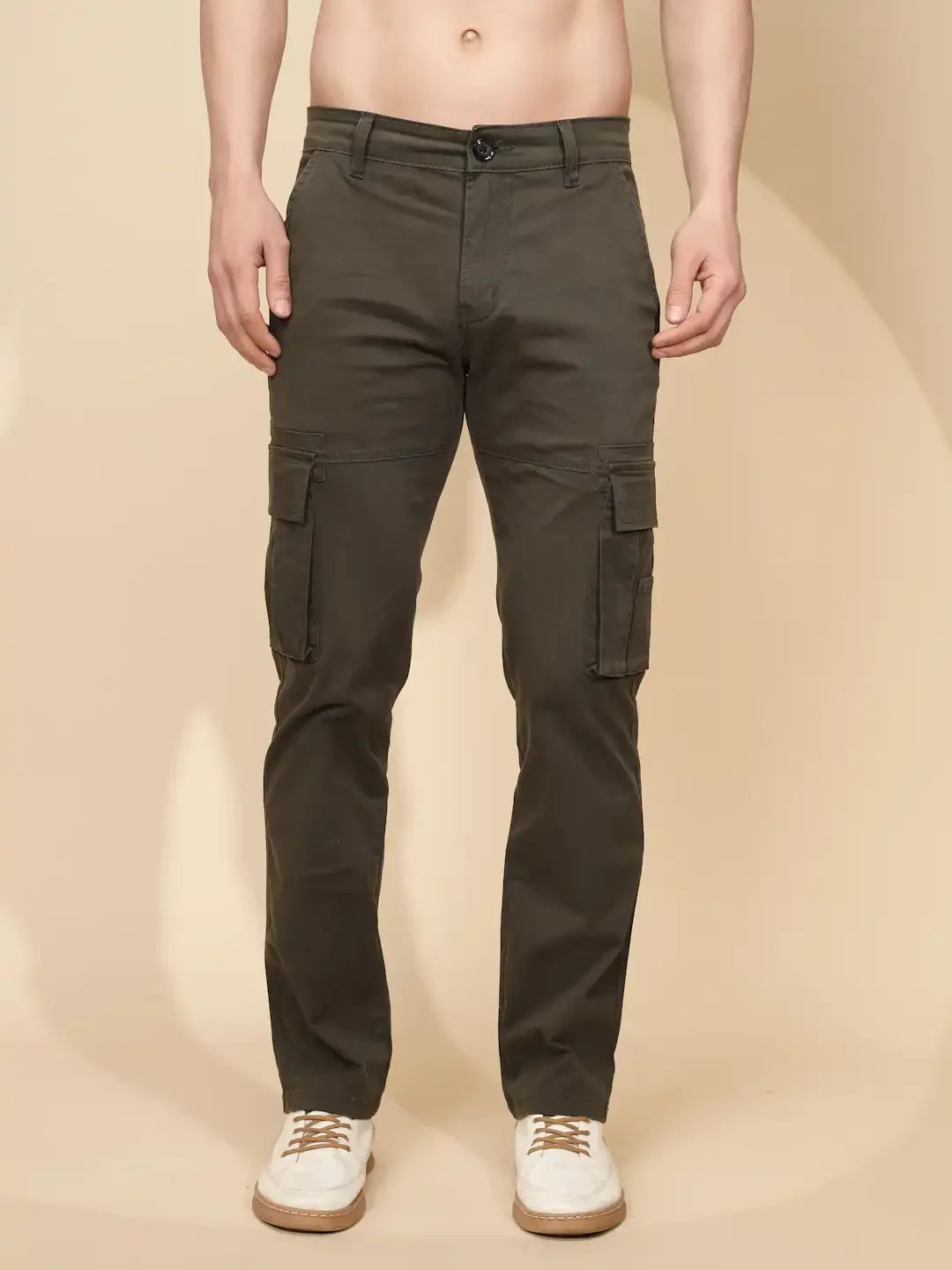 Olive Cotton Blend Regular Fit Cargo For Men - Global Republic