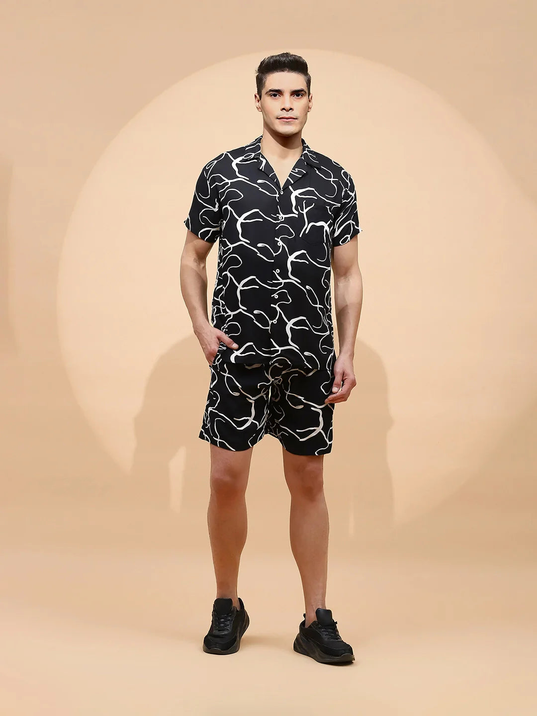 Black Cotton Blend Regular Fit Shorts Set For Men - Global Republic