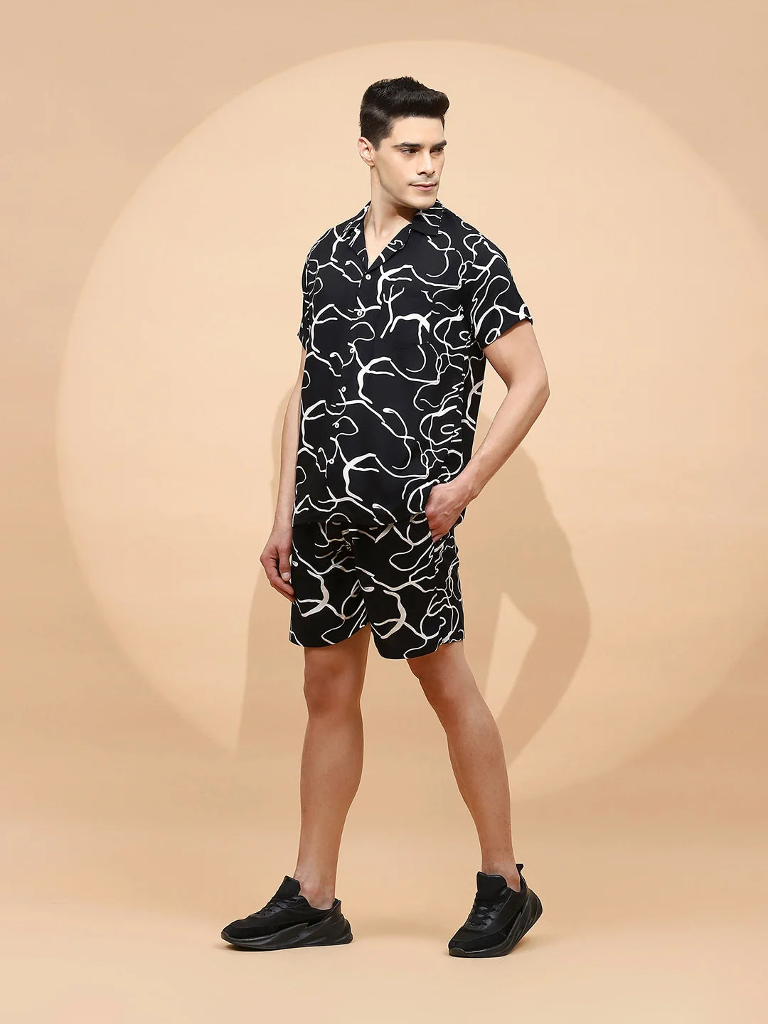 Black Cotton Blend Regular Fit Shorts Set For Men - Global Republic