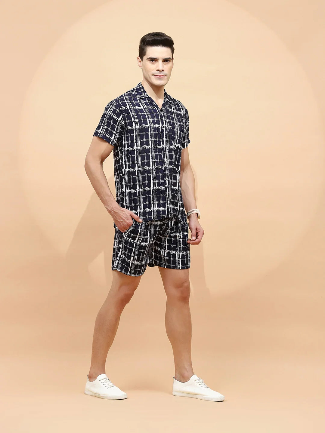 Navy Cotton Blend Regular Fit Shorts Set For Men - Global Republic