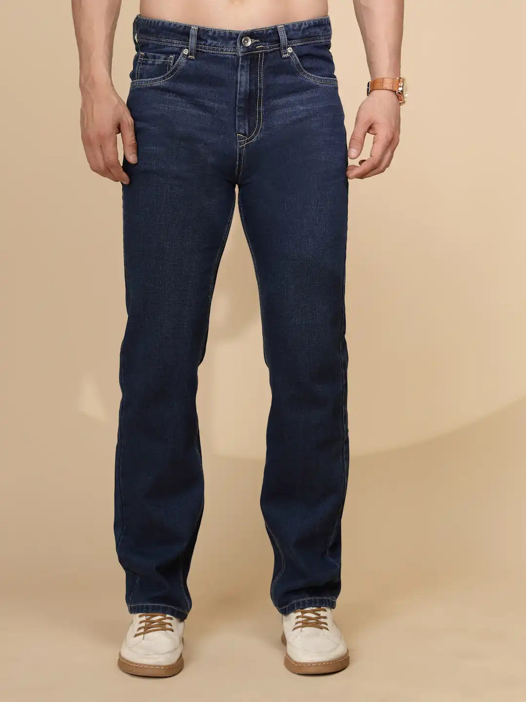 Mid Blue Cotton Loose Fit Jeans For Mens