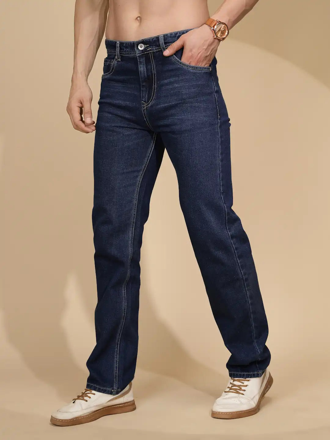 Mid Blue Cotton Loose Fit Jeans For Mens