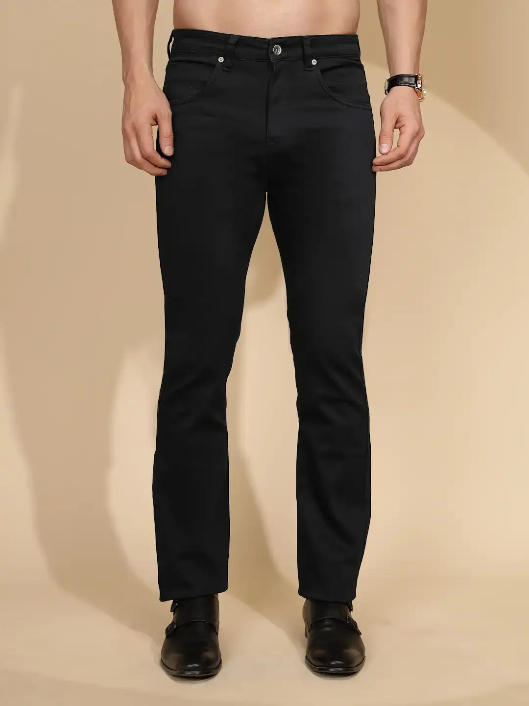 Black Cotton Straight  Fit Trouser For Mens