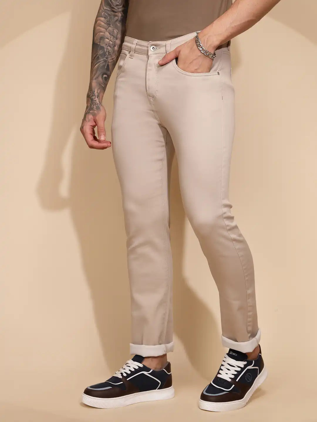 Fawn Cotton Blend Straight Fit Trouser For Men - Global Republic