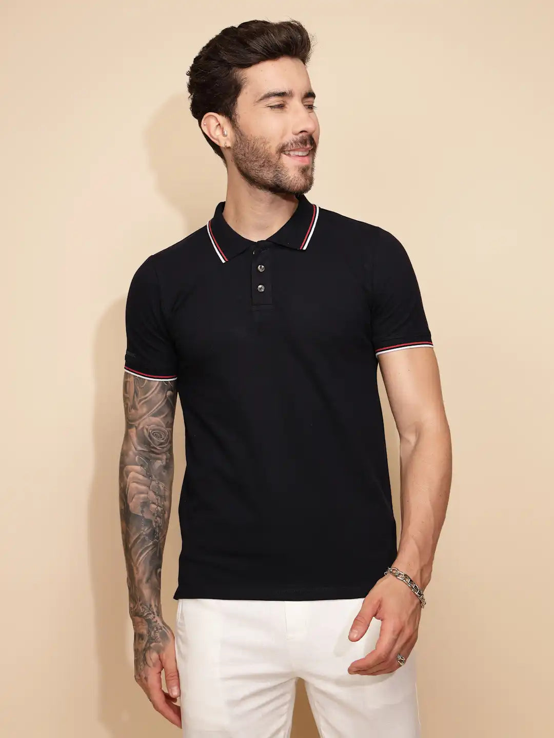 Navy Blue Cotton Blend Regular Fit T-Shirt For Men - Global Republic