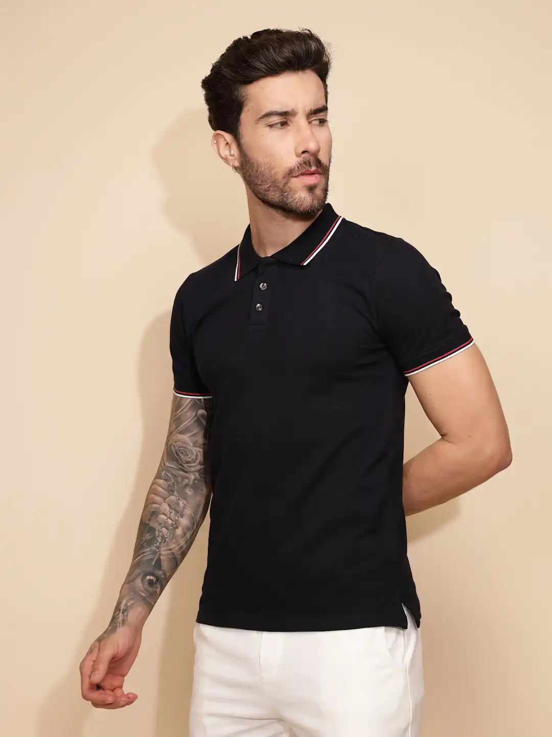 Navy Blue Cotton Blend Regular Fit T-Shirt For Men