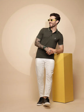 Olive Viscose Blend Regular Fit T-Shirt For Men