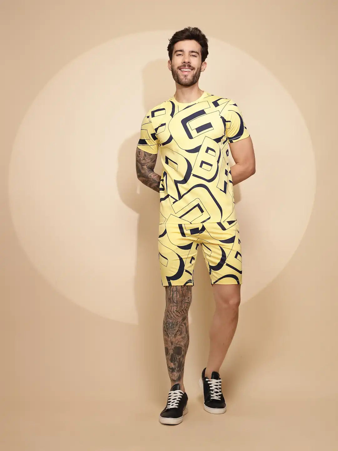 Yellow Viscose Blend Regular Fit Shorts Set For Men - Global Republic