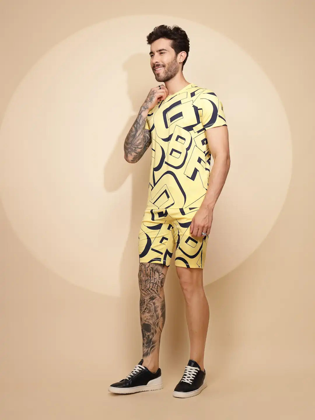 Yellow Viscose Blend Regular Fit Shorts Set For Men - Global Republic