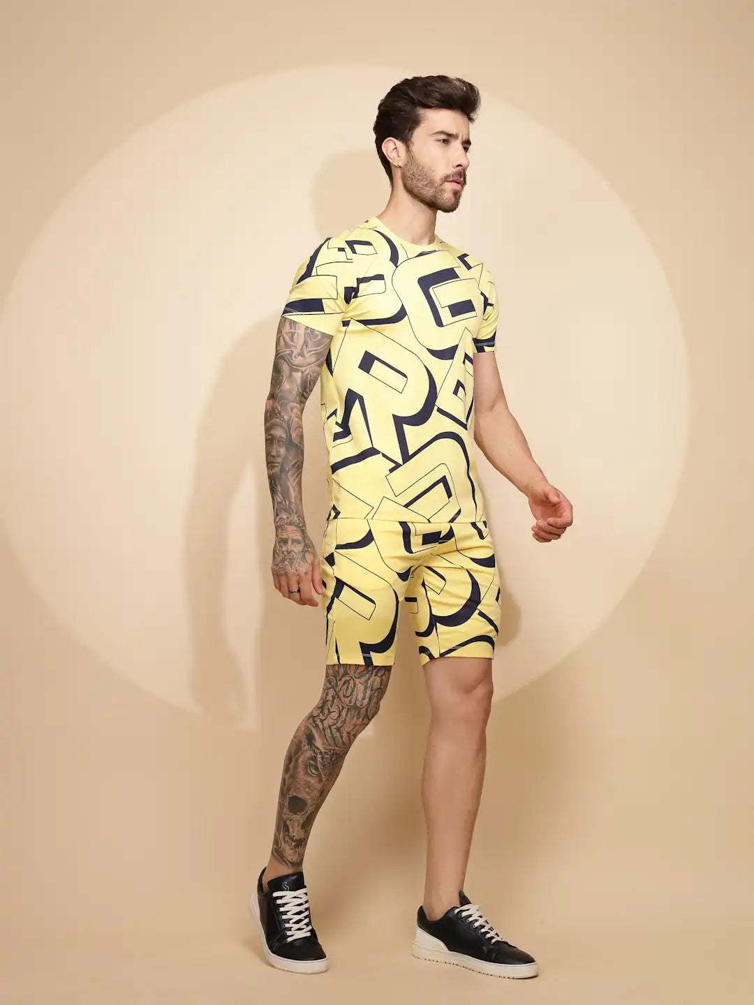 Yellow Viscose Blend Regular Fit Shorts Set For Men - Global Republic