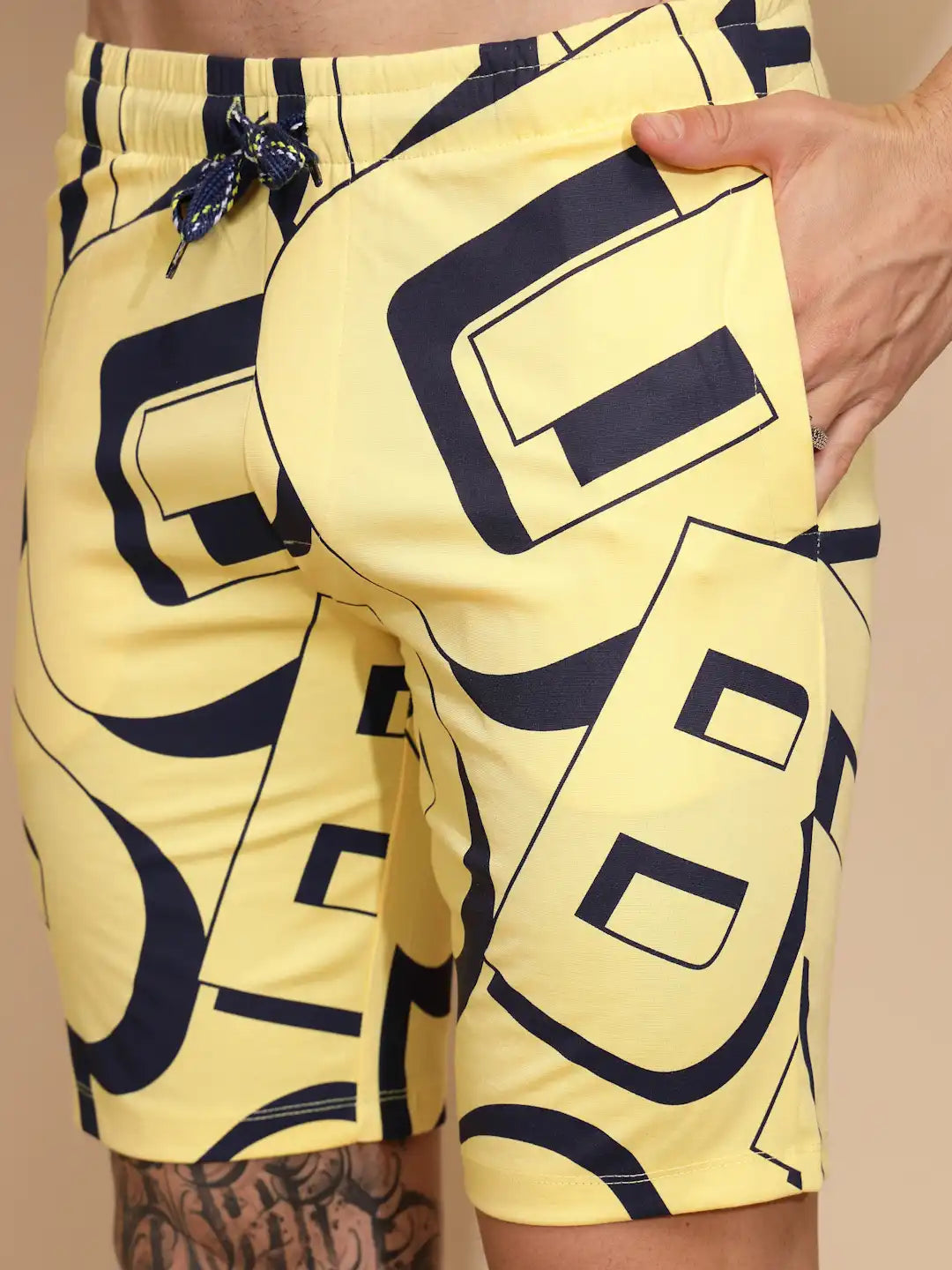 Yellow Viscose Blend Regular Fit Shorts Set For Men