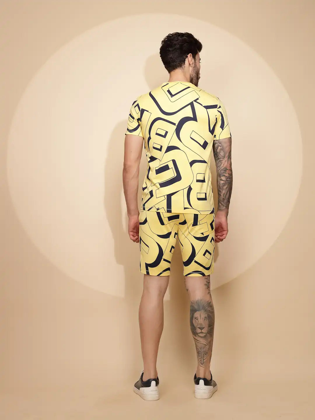 Yellow Viscose Blend Regular Fit Shorts Set For Men
