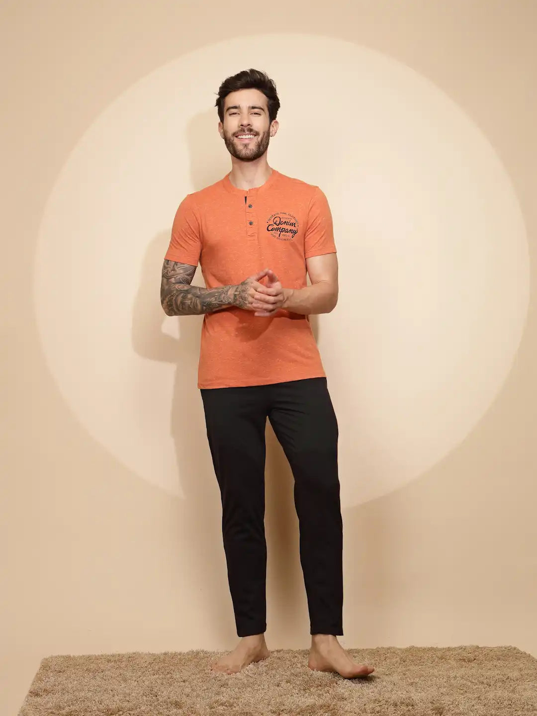 Orange Cotton Slim Fit Night Suit Set - Global Republic