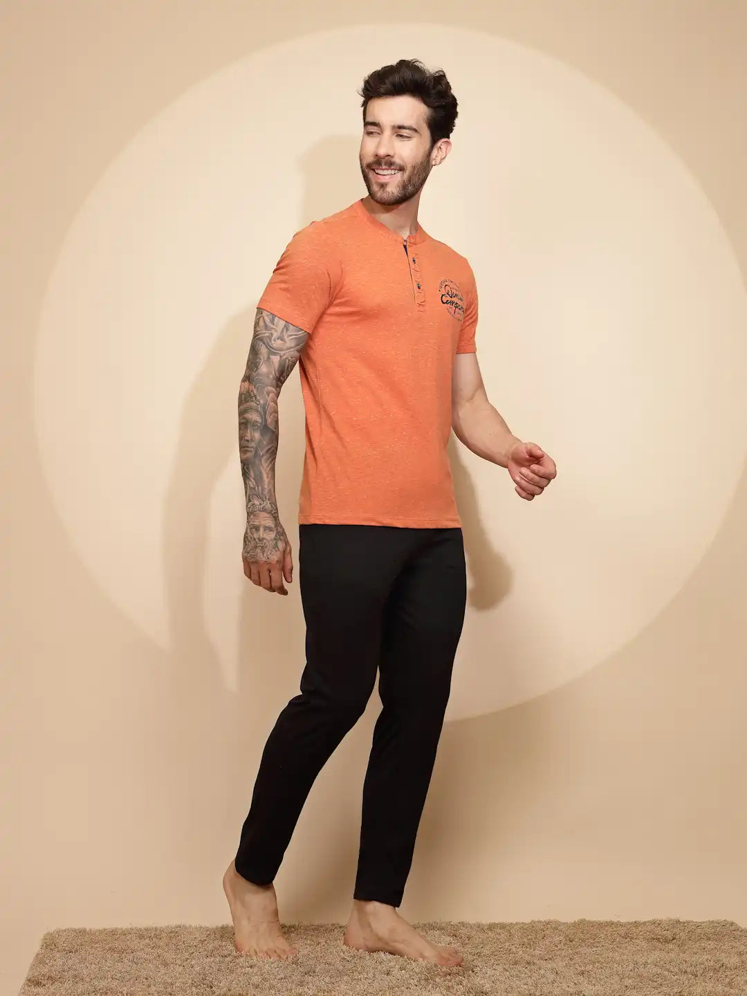 Orange Cotton Slim Fit Night Suit Set - Global Republic