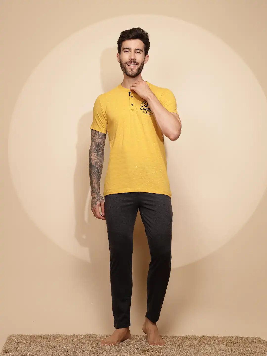 Yellow Cotton Slim Fit Night Suit Set - Global Republic