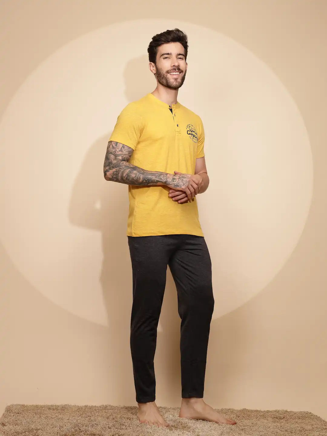 Yellow Cotton Slim Fit Night Suit Set - Global Republic
