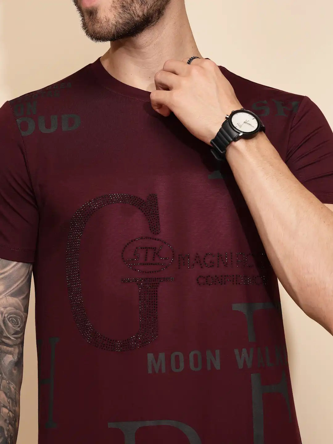 Maroon Viscose Blend  Regular Fit T-Shirt For Men