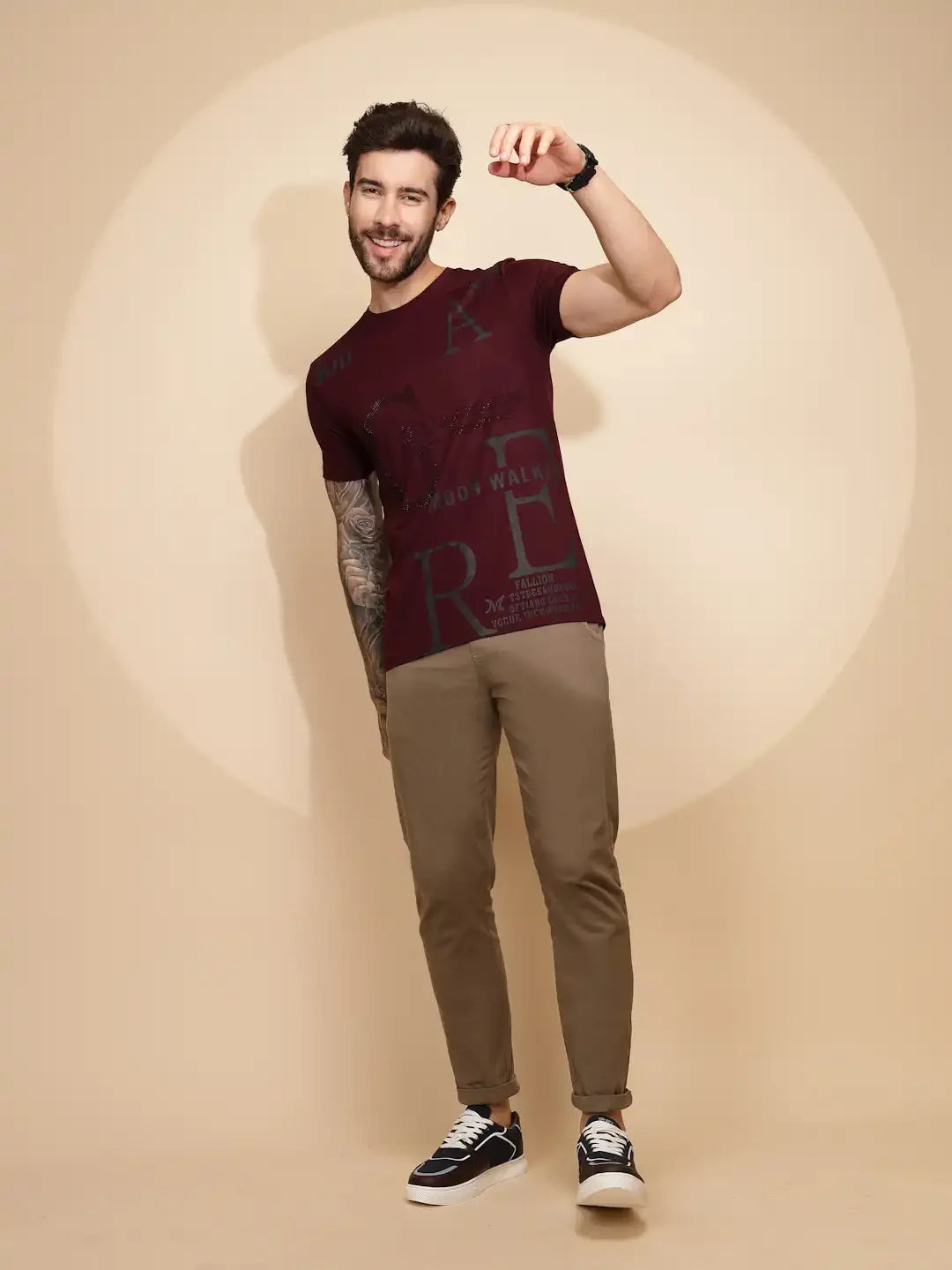 Maroon Viscose Blend  Regular Fit T-Shirt For Men