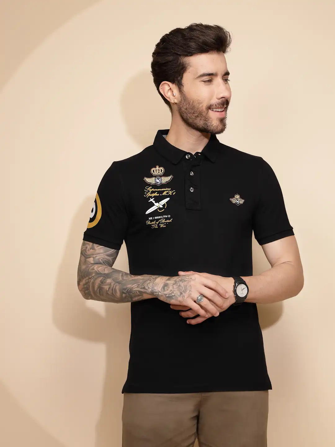 Black Cotton Blend Regular Fit T-Shirt For Men - Global Republic