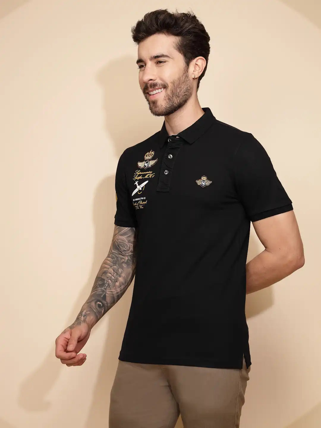 Black Cotton Blend Regular Fit T-Shirt For Men - Global Republic