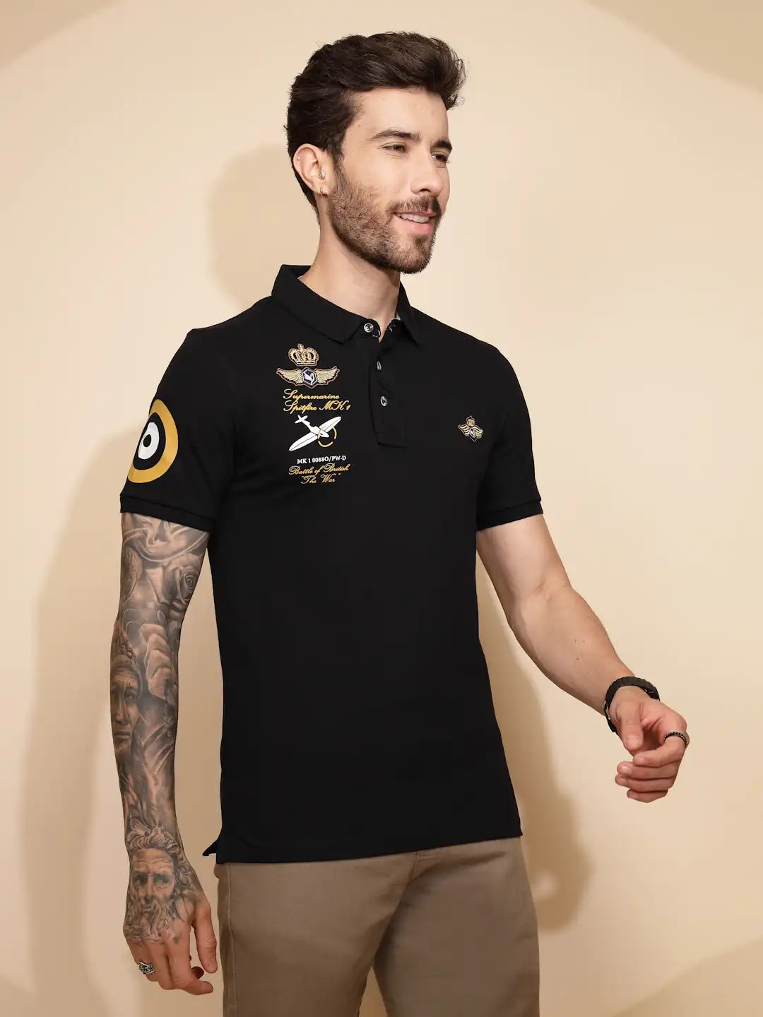 Black Cotton Blend Regular Fit T-Shirt For Men - Global Republic