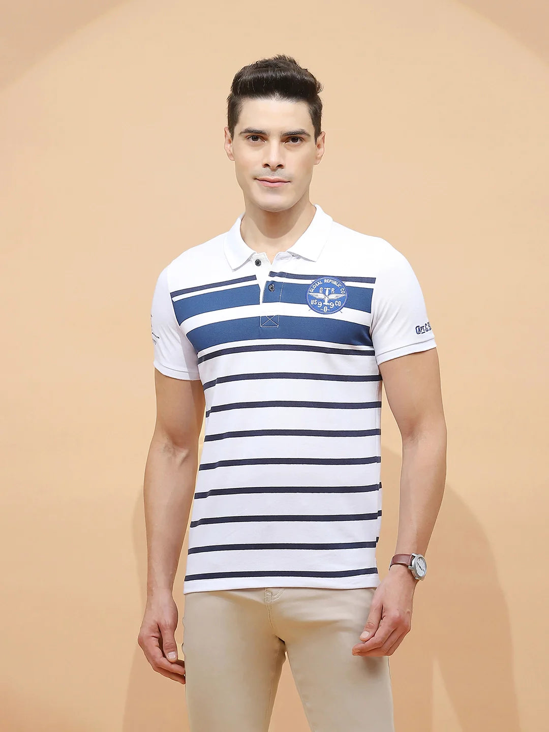 Blue cotton Regular Fit T-Shirt For Men - Global Republic