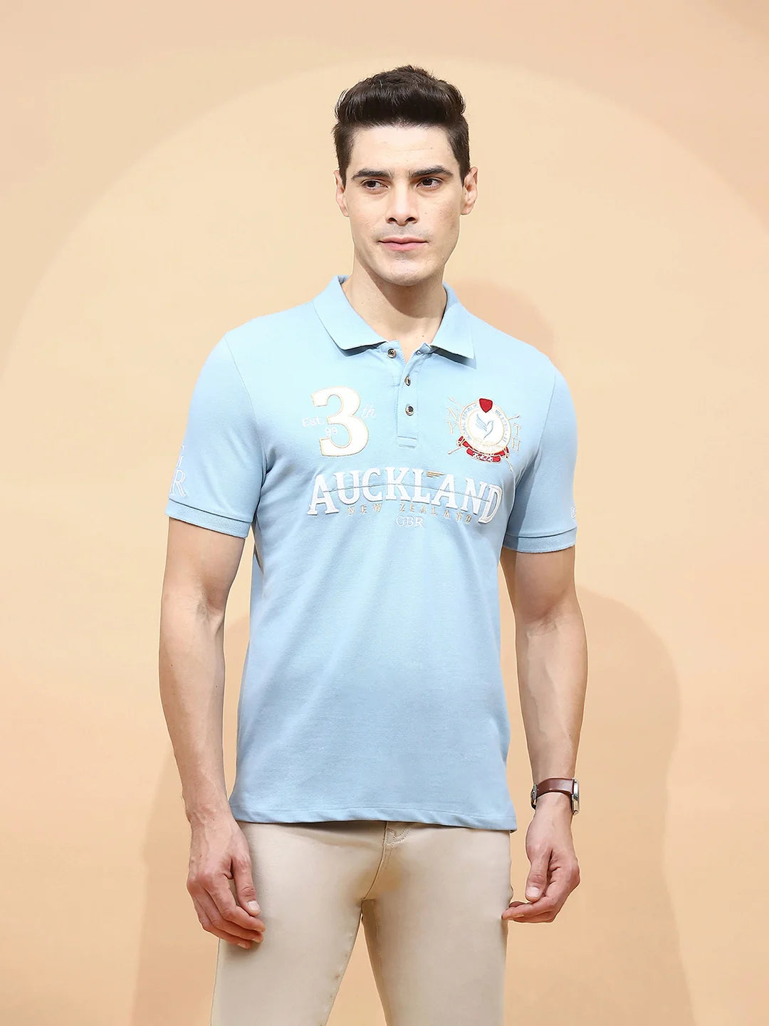 Sky Blue Cotton Blend Regular Fit T-Shirt For Men - Global Republic