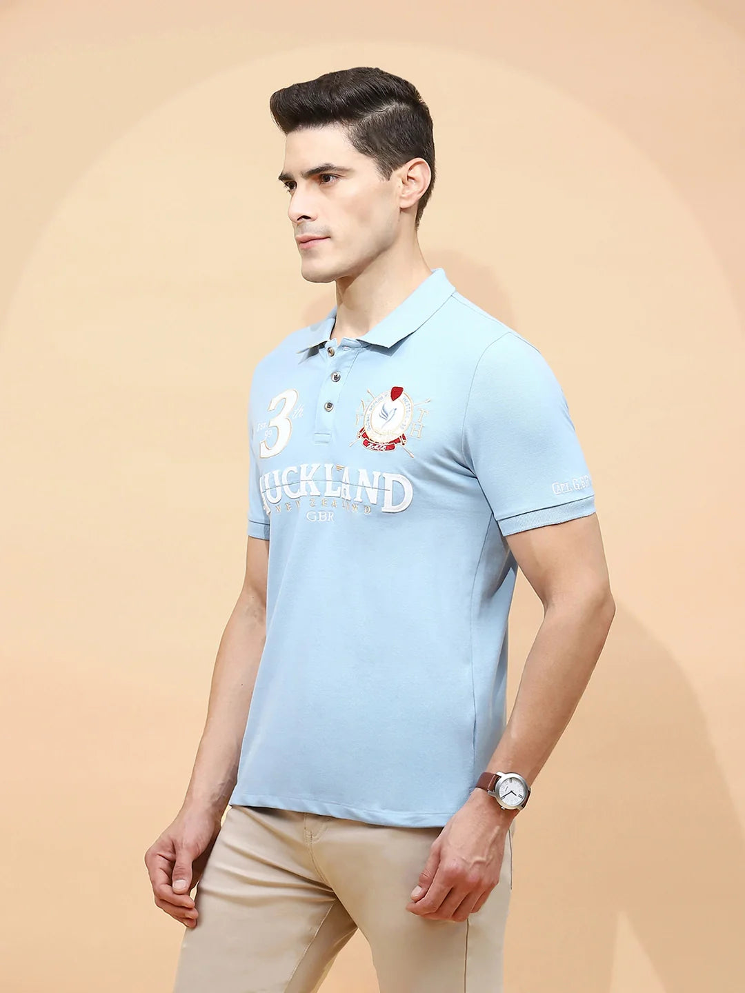 Sky Blue Cotton Blend Regular Fit T-Shirt For Men - Global Republic